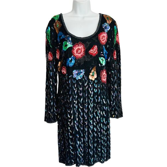 Vintage 80s 90s Floral Beaded Sequin Silk Long Sleeve Black Sheath Dress size L - Picture 1 of 15